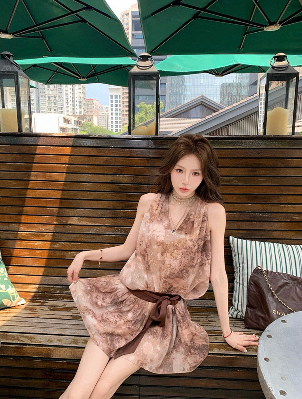 豹柄ノースリーブトップス+スカートセット