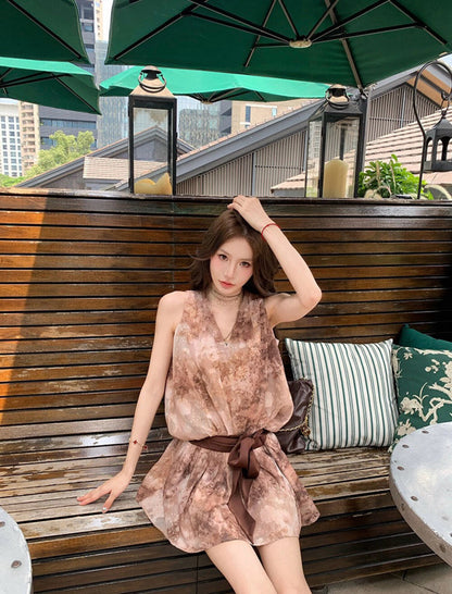 豹柄ノースリーブトップス+スカートセット