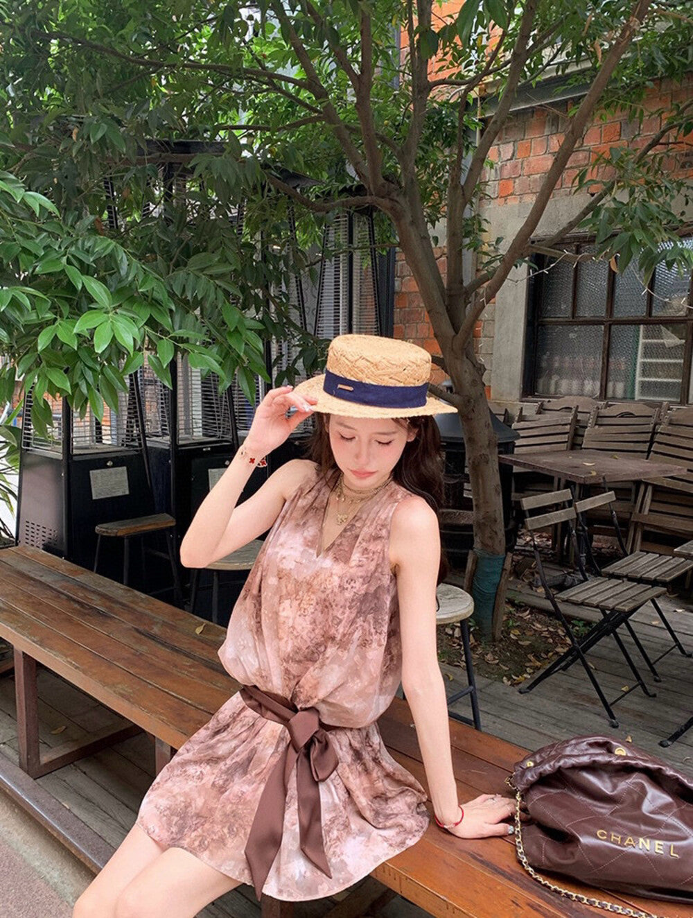 豹柄ノースリーブトップス+スカートセット