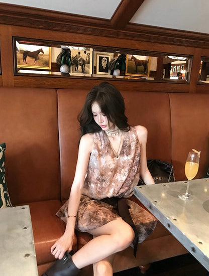 豹柄ノースリーブトップス+スカートセット