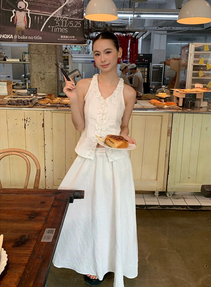 Halter Neck Ruffle Trim Sleeveless Top + High Waist Flowing Midi Skirt Set