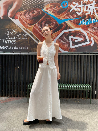 Halter Neck Ruffle Trim Sleeveless Top + High Waist Flowing Midi Skirt Set