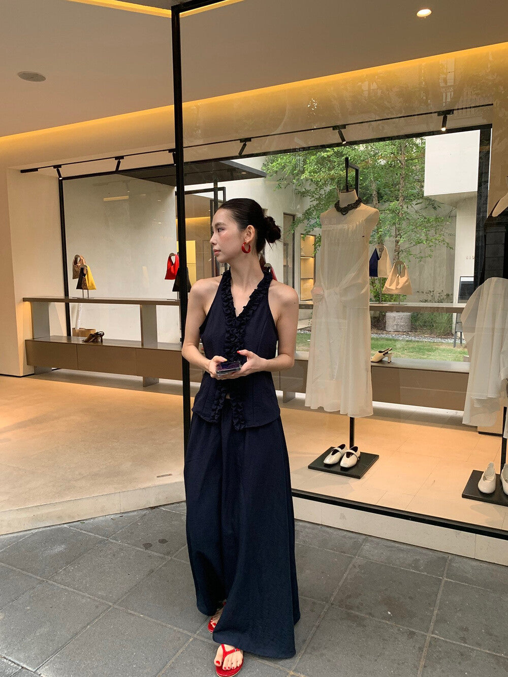 Halter Neck Ruffle Trim Sleeveless Top + High Waist Flowing Midi Skirt Set