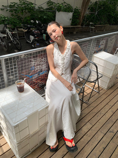 Halter Neck Ruffle Trim Sleeveless Top + High Waist Flowing Midi Skirt Set