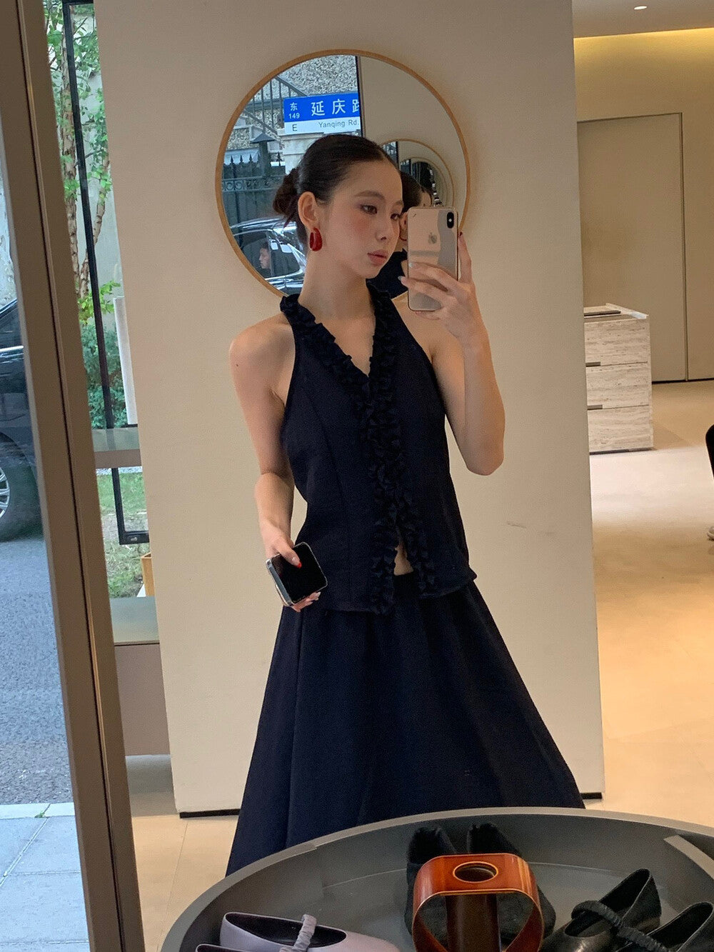 Halter Neck Ruffle Trim Sleeveless Top + High Waist Flowing Midi Skirt Set