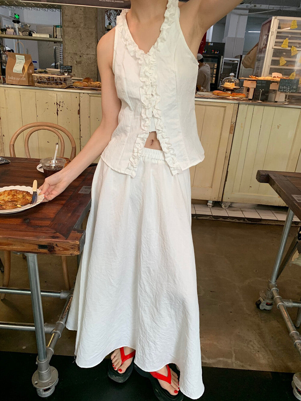 Halter Neck Ruffle Trim Sleeveless Top + High Waist Flowing Midi Skirt Set