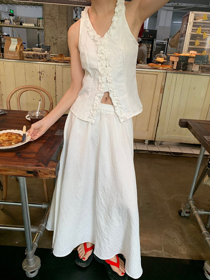 Halter Neck Ruffle Trim Sleeveless Top + High Waist Flowing Midi Skirt Set