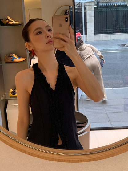 Halter Neck Ruffle Trim Sleeveless Top + High Waist Flowing Midi Skirt Set