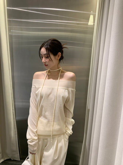 一字領露肩薄款針織Top