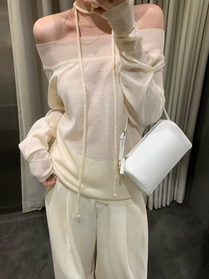 一字領露肩薄款針織Top