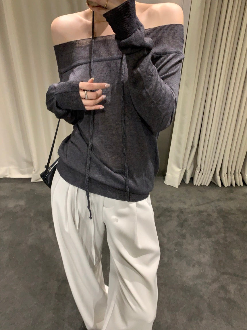 一字領露肩薄款針織Top