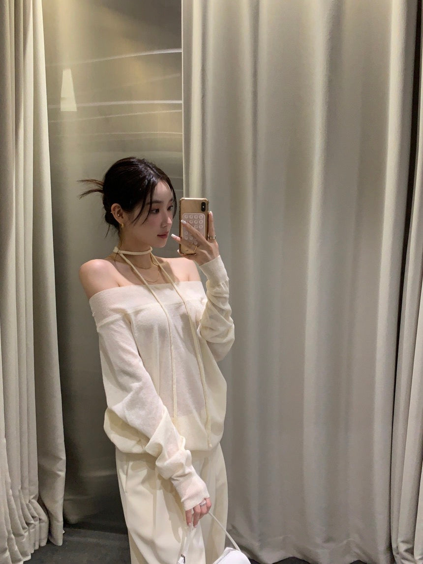 一字領露肩薄款針織Top