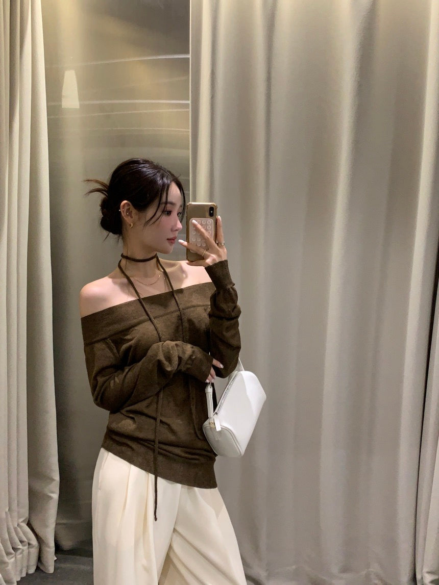 一字領露肩薄款針織Top