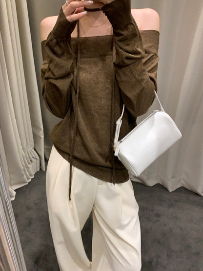 一字領露肩薄款針織Top