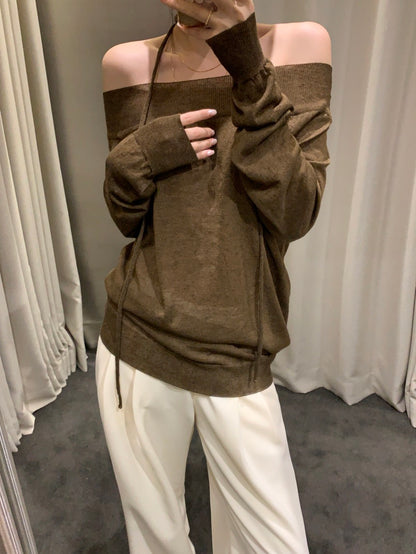 一字領露肩薄款針織Top