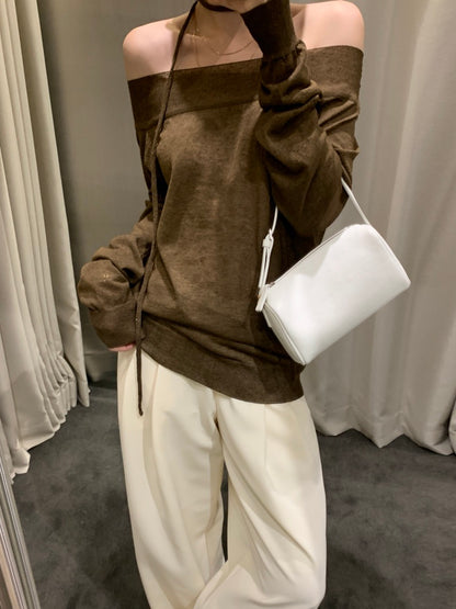 一字領露肩薄款針織Top