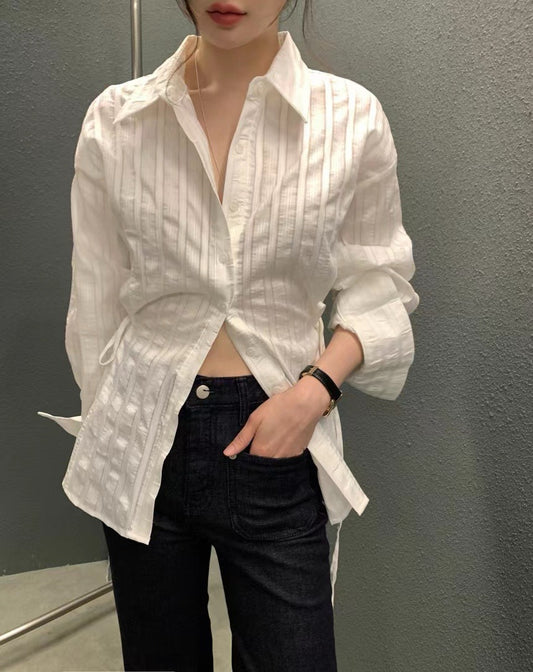 設計感條紋系帶顯瘦恤衫