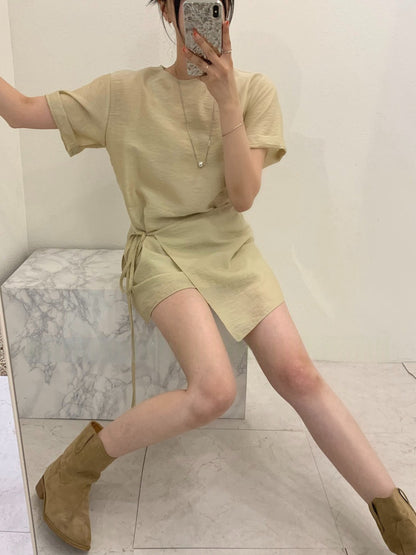 Asymmetrical Lace-up Faux Two-piece Dress