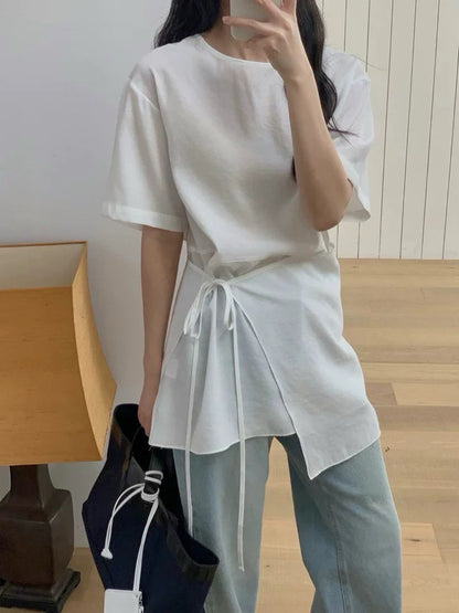 Asymmetrical Lace-up Faux Two-piece Dress