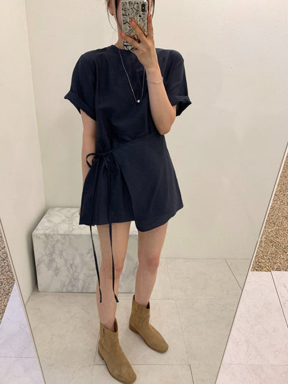 Asymmetrical Lace-up Faux Two-piece Dress