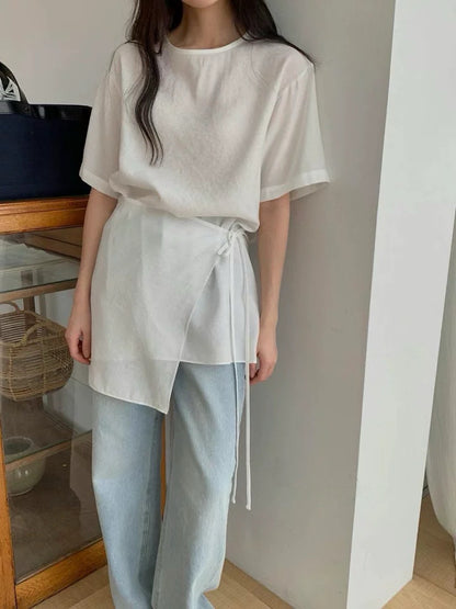 Asymmetrical Lace-up Faux Two-piece Dress