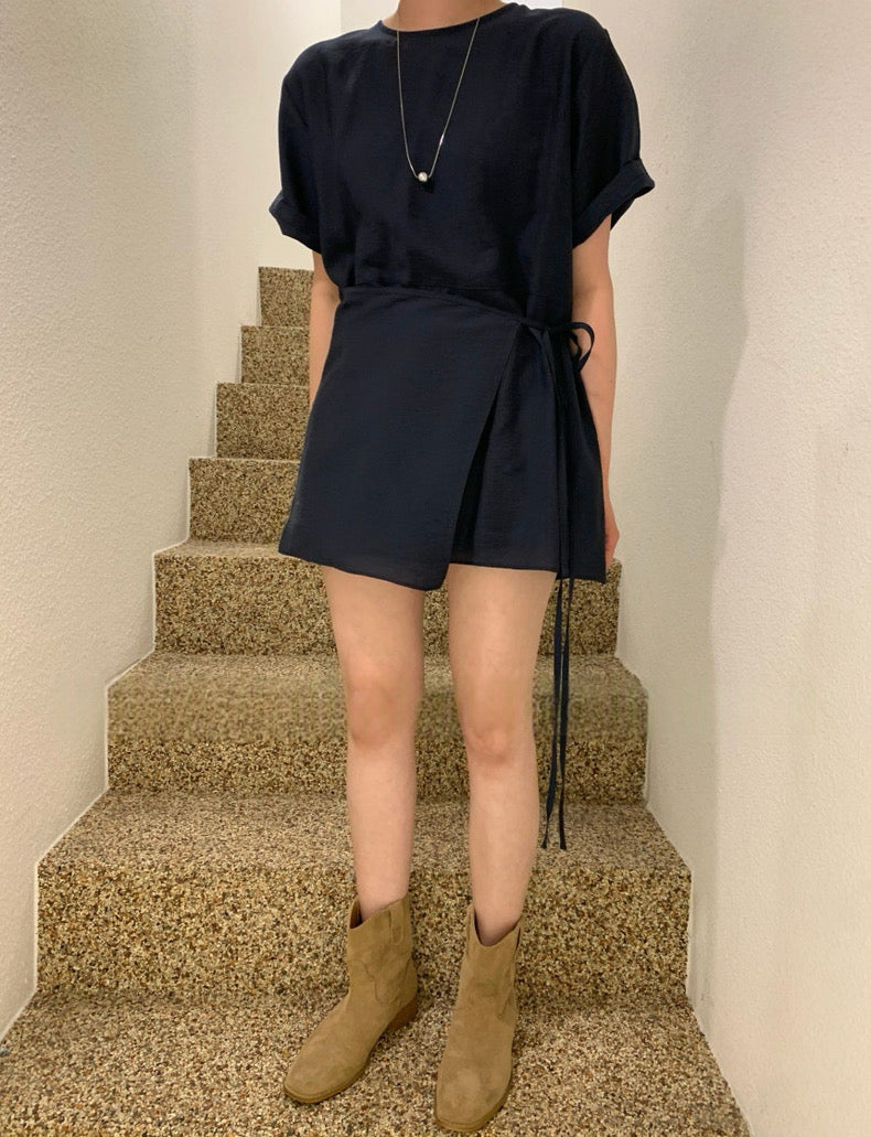 Asymmetrical Lace-up Faux Two-piece Dress