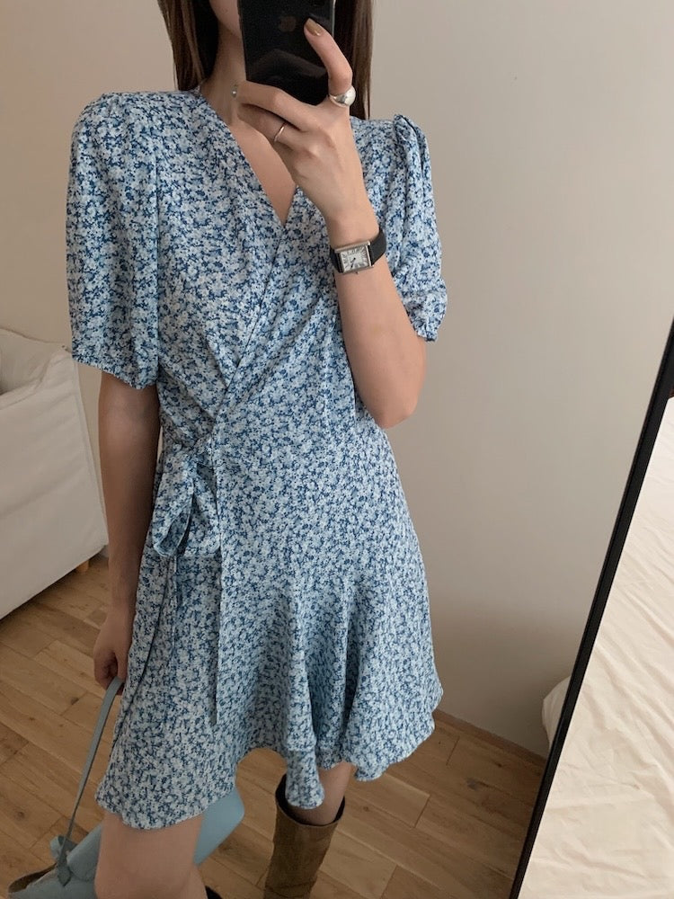 A one-piece tie-front floral dress