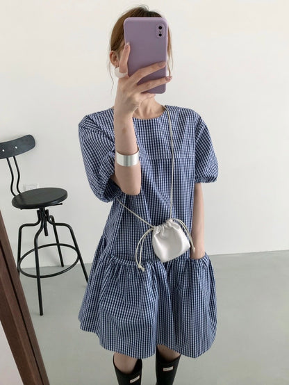 Adorable Double Pocket Plaid Puff Sleeve Dress