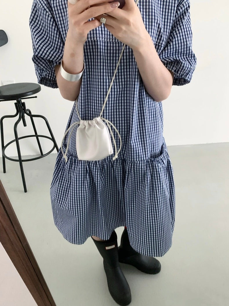 Adorable Double Pocket Plaid Puff Sleeve Dress