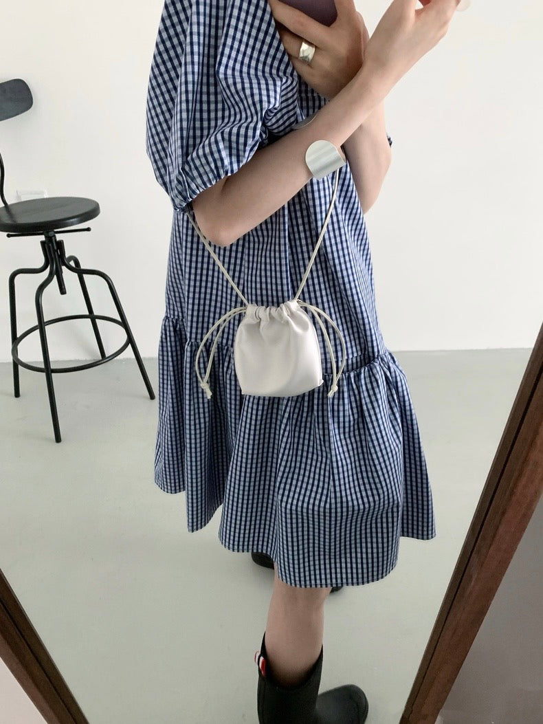 Adorable Double Pocket Plaid Puff Sleeve Dress