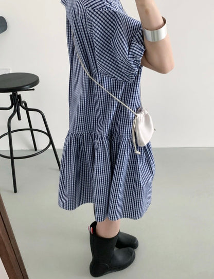 Adorable Double Pocket Plaid Puff Sleeve Dress