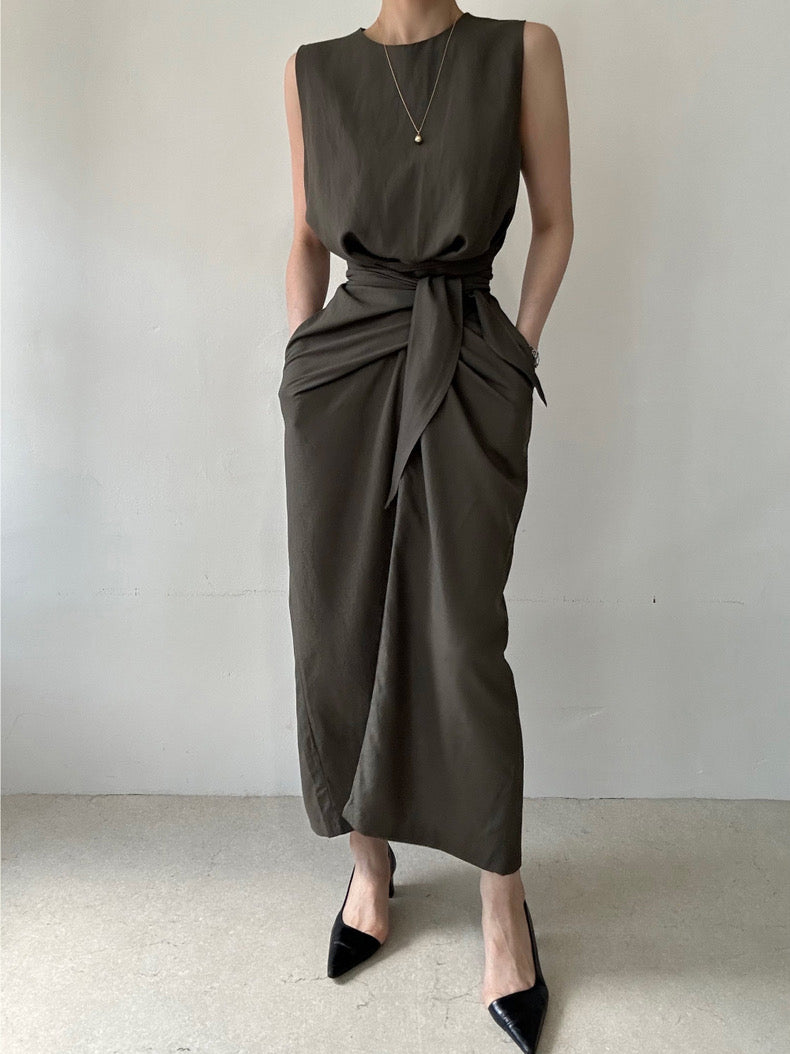 Round Neck Twist Knot Tie Waist Tank Dress