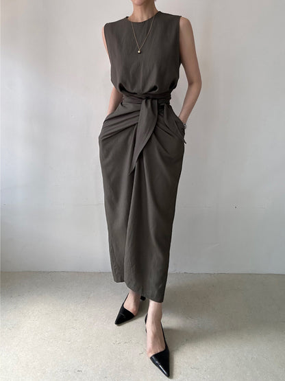 Round Neck Twist Knot Tie Waist Tank Dress