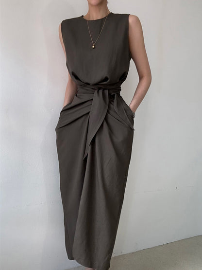Round Neck Twist Knot Tie Waist Tank Dress