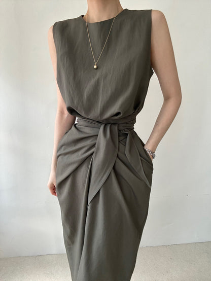 Round Neck Twist Knot Tie Waist Tank Dress