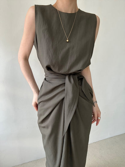 Round Neck Twist Knot Tie Waist Tank Dress
