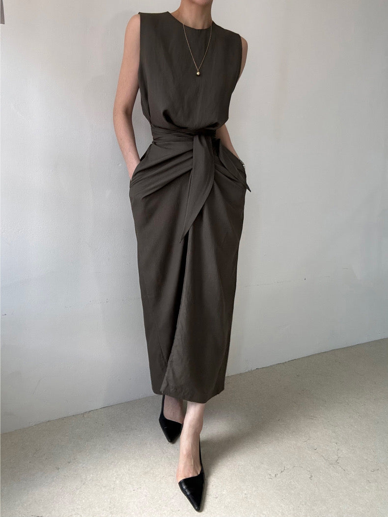 Round Neck Twist Knot Tie Waist Tank Dress