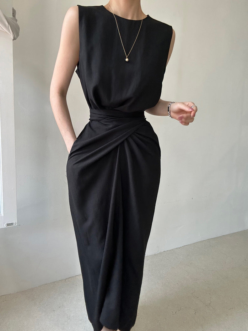 Round Neck Twist Knot Tie Waist Tank Dress