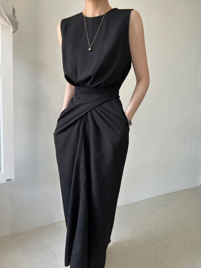 Round Neck Twist Knot Tie Waist Tank Dress