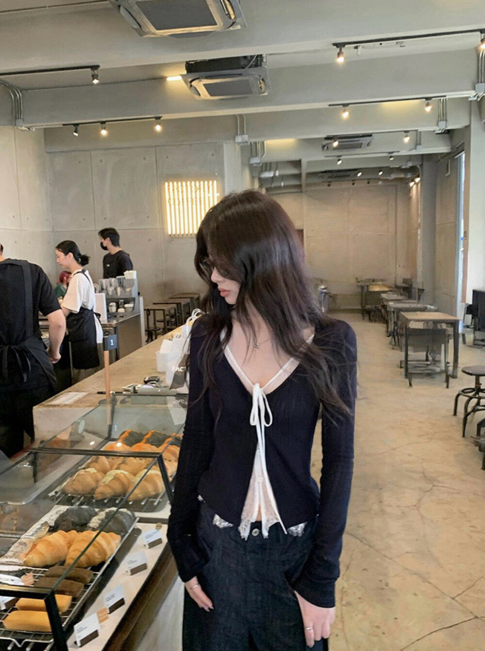 蕾絲拼接綁帶小衫+掐腰針織衫set