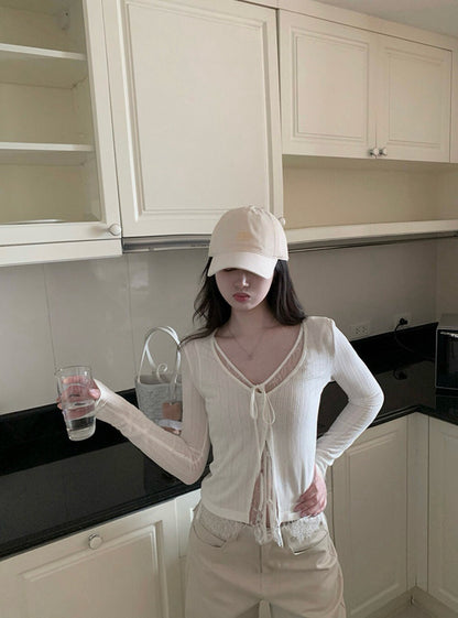 蕾絲拼接綁帶小衫+掐腰針織衫set