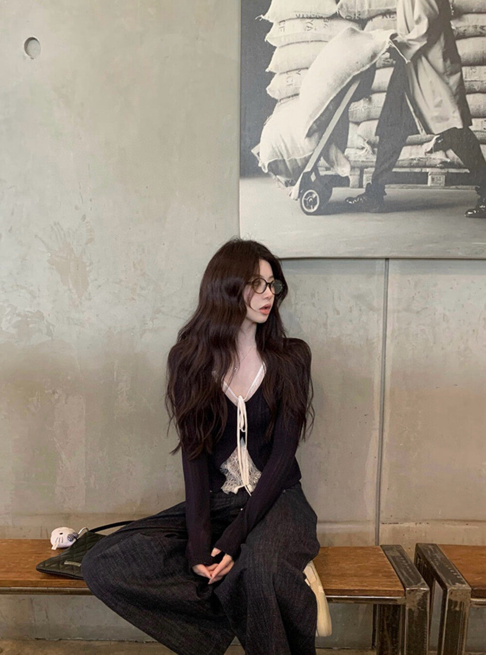 蕾絲拼接綁帶小衫+掐腰針織衫set