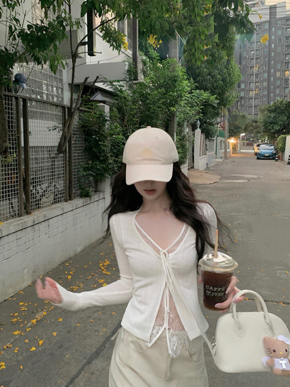 蕾絲拼接綁帶小衫+掐腰針織衫set