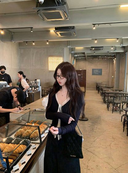 蕾絲拼接綁帶小衫+掐腰針織衫set