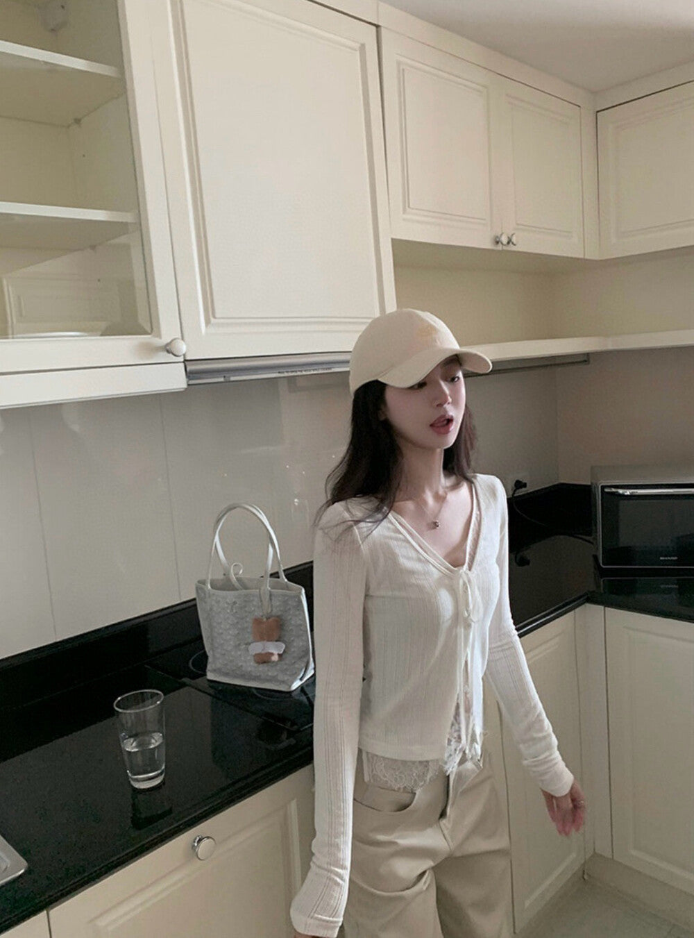 蕾絲拼接綁帶小衫+掐腰針織衫set