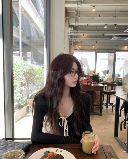 蕾絲拼接綁帶小衫+掐腰針織衫set