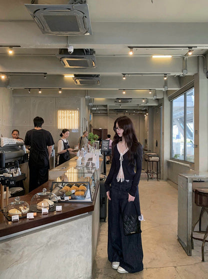 蕾絲拼接綁帶小衫+掐腰針織衫set