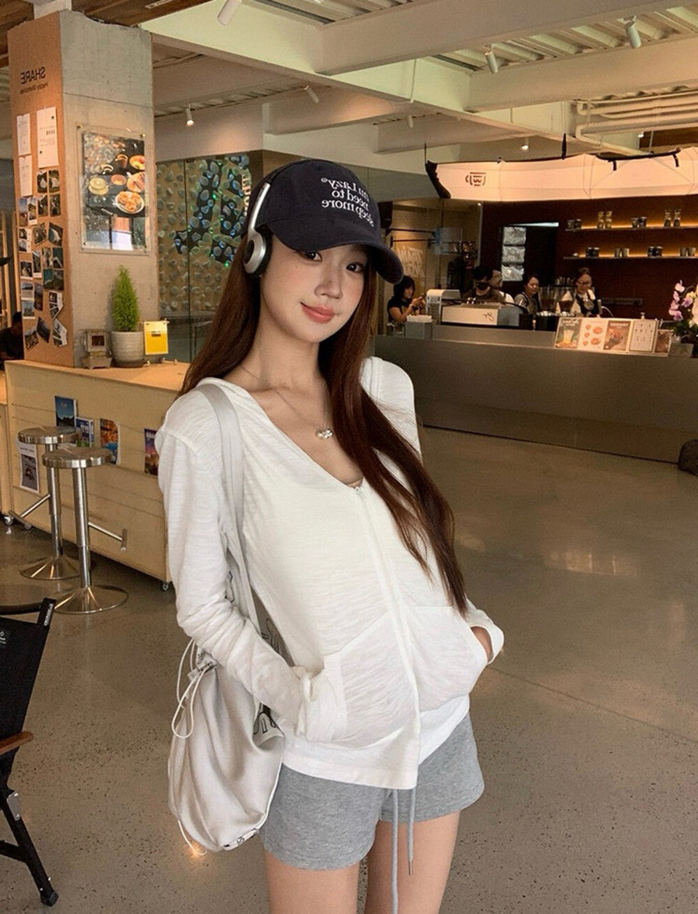 V-neck Hooded Slim-fit Zip Cardigan