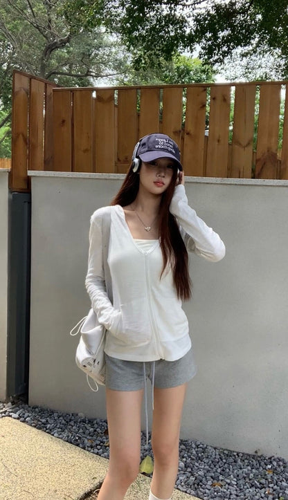 V-neck Hooded Slim-fit Zip Cardigan