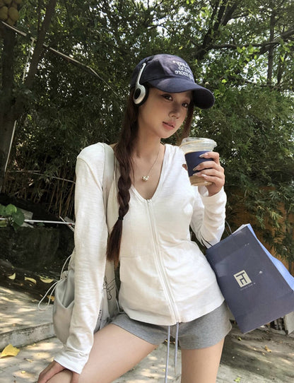 V-neck Hooded Slim-fit Zip Cardigan